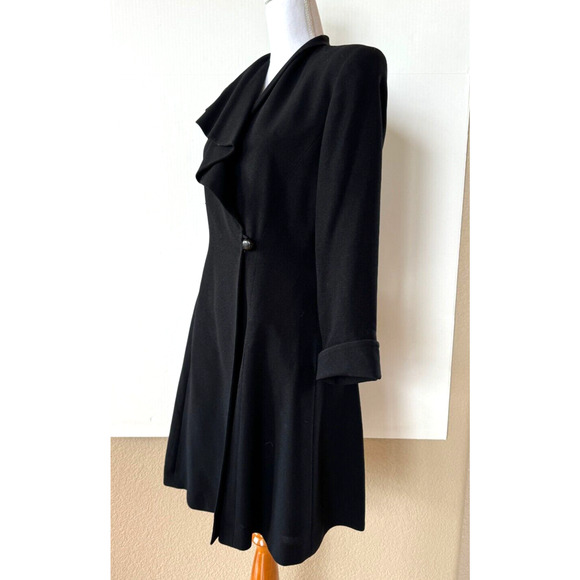 Vintage 90s Career Black Coat Dress Sz 4 Ruffle Front Single Button Rayon Blend - Picture 2 of 15